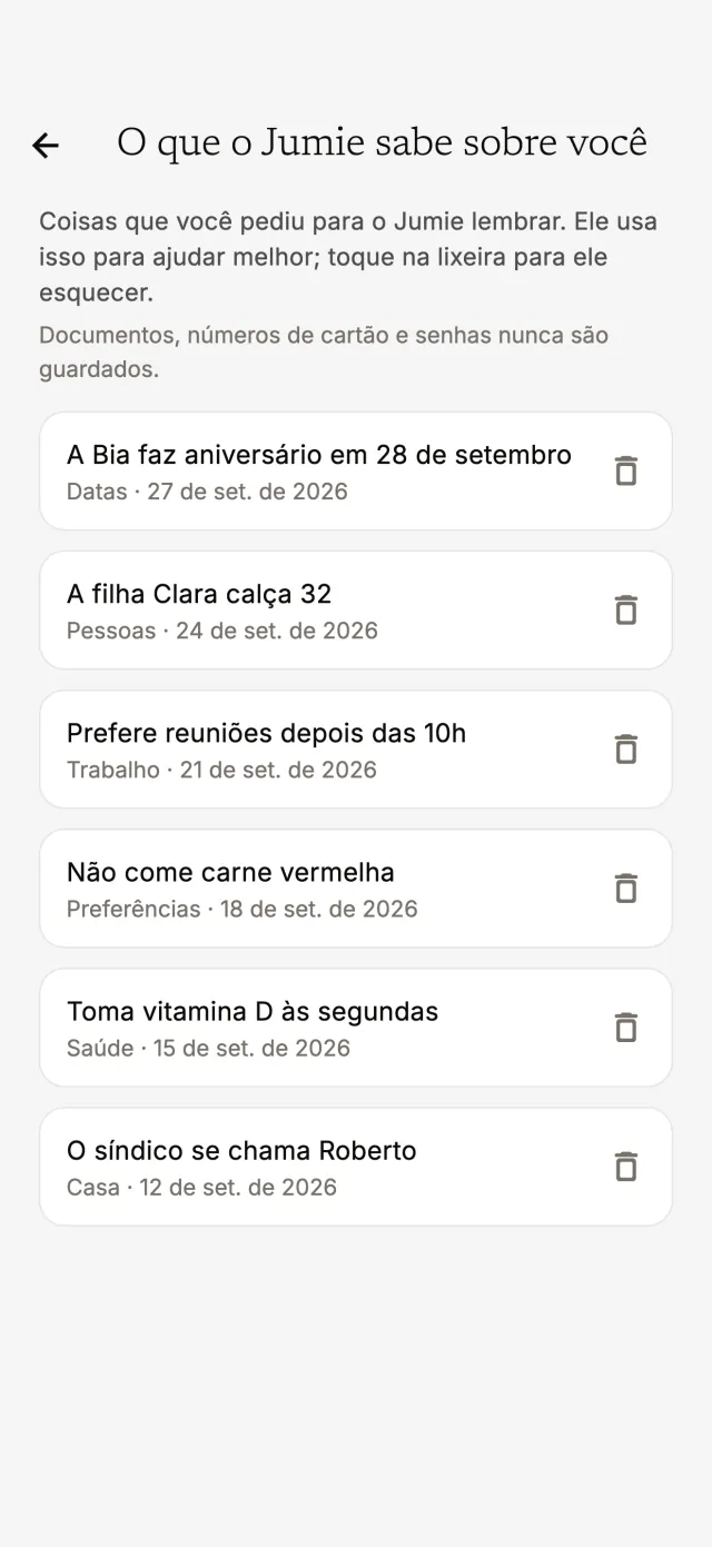 O que o Jumie sabe sobre você: fatos guardados, cada um com lixeira
